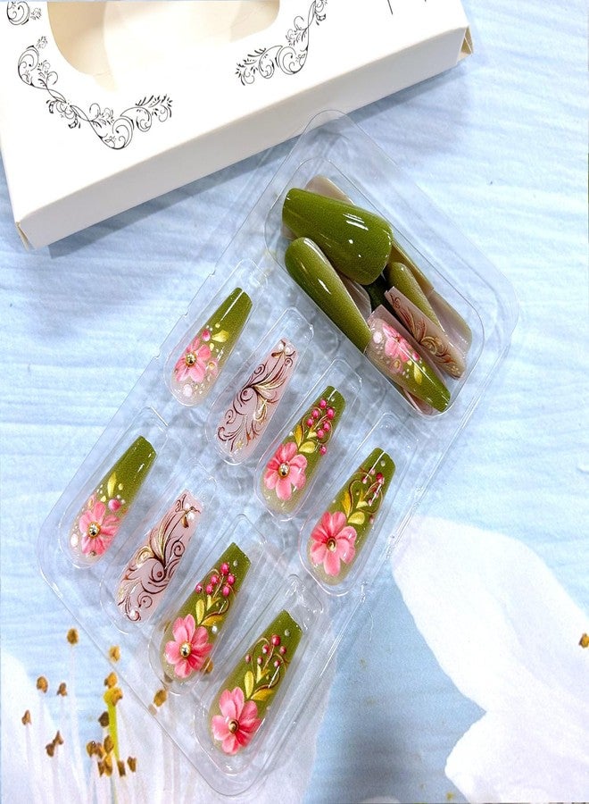CJDLTS Flower False Nail Green French Tip Press on Nails Long Length Pink Floral Pearl Design Full Cover Gradient Artificial Stick on Nails Ballet Shaped Manicure Acrylic Glue on Nail for Women 24Pcs - Image 4